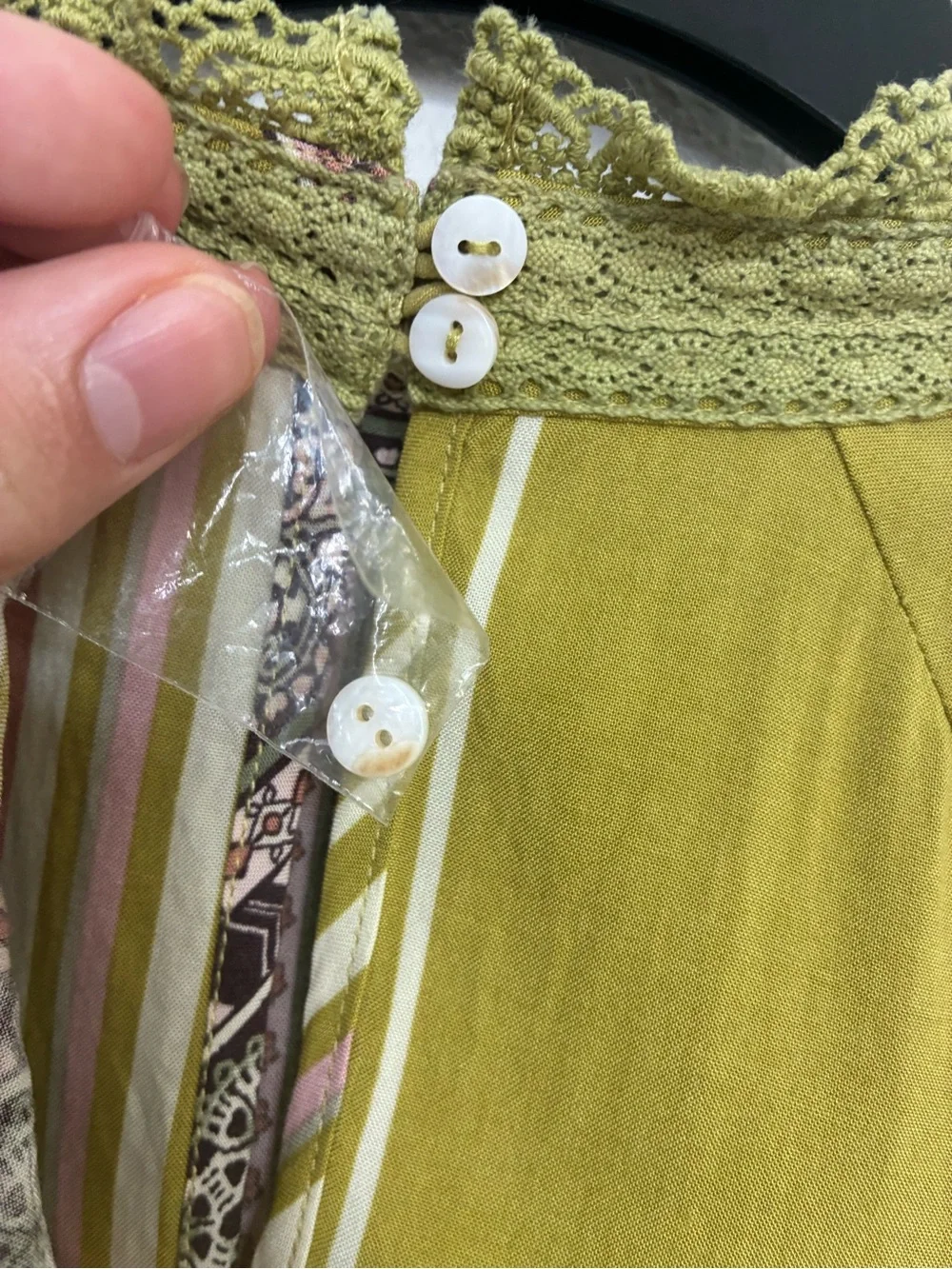Mystree Boho Peplum Blouse Small Olive Green Striped Lace Trim Rayon Cottagecore